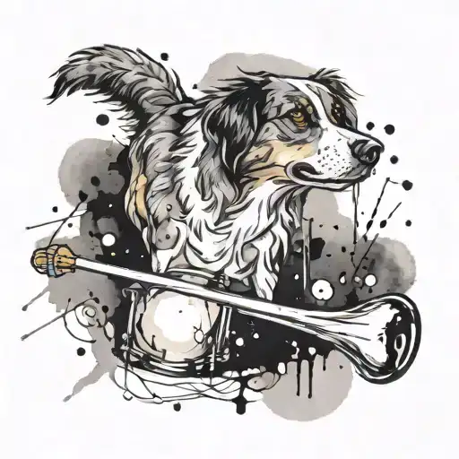 A watercolor style tattoo of a drumstick and a pearl merging into one, with an Australian Shepherd silhouette in the background tattoo design idea