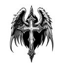 medieval cross with an angel wing on one side and a dragon wing on the other  tattoo design idea