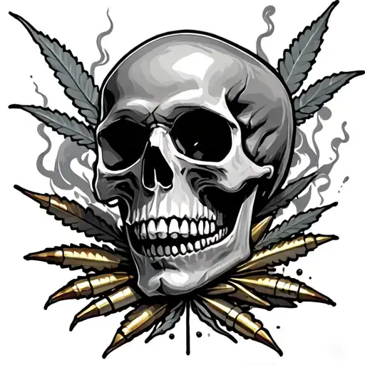 skull and bullets and smoke and weed tattoo design idea