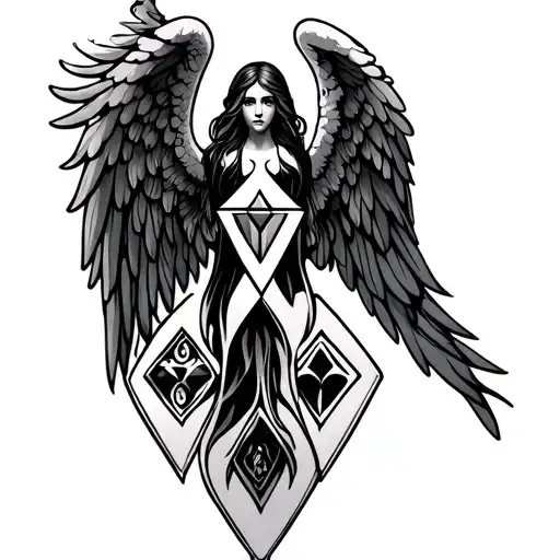 7 of diamonds, sickle, angel wings tattoo design idea