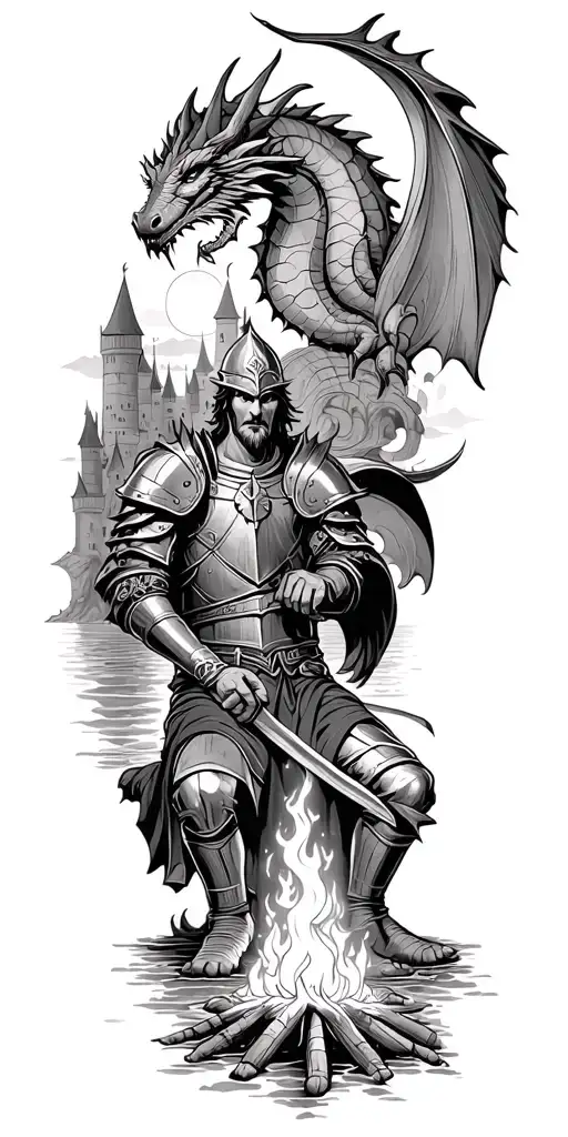 Medieval knight sitting by camp fire by the ocean with dragon and castle in the back with sun in sky tattoo design idea