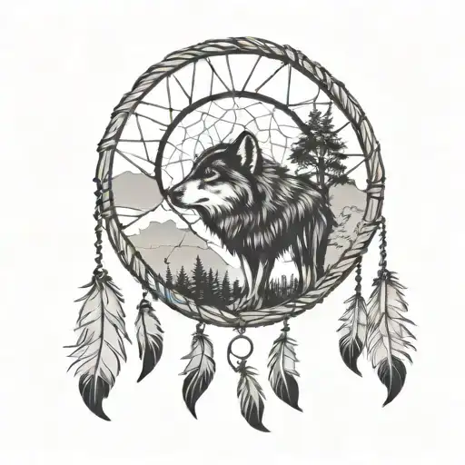 Round rope dream catcher with realistic wolf  head howling, silhouette of trees mountains and three small wolf cub silho tattoo design idea