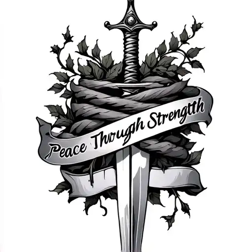 Sword Wrapped In Vines no blood text reads "Peace Through Strength" tattoo design idea