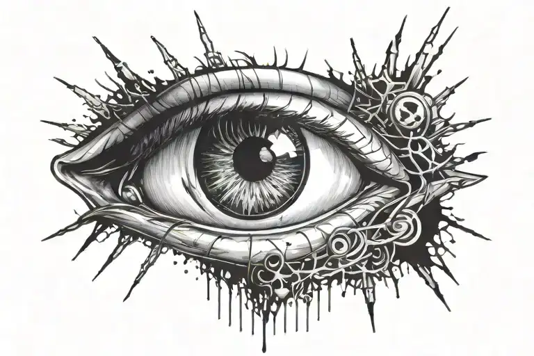 huge eye with a little girl walking onto a soccer field in the middle of the eye with "death by football"  in grafitti  tattoo design idea