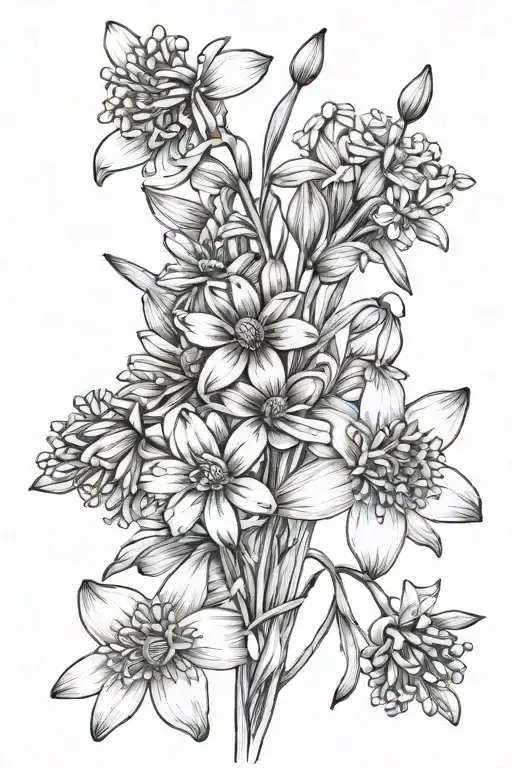 delicate birth flower boquet January April July snowdrop daisy larkspur tattoo design idea