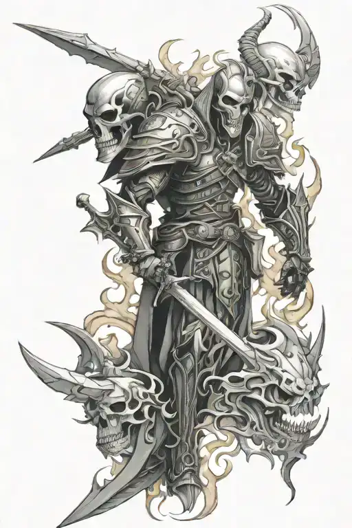 full leg sleeve, armour, skulls, dragons, fire flames, medievil tattoo design idea