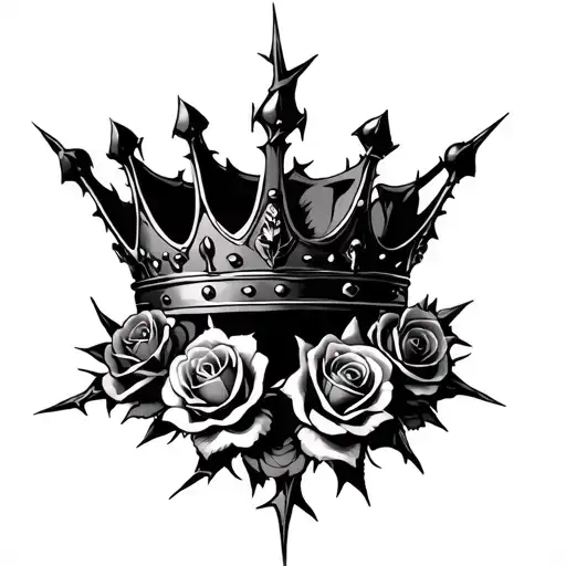 Large gothic chest tattoo of a broken crown with thorns and roses, symbolizing a fallen prince. Dark, elegant tattoo design idea