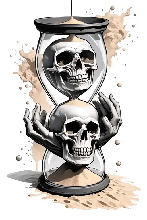 an hourglass filling with sand and a skull inside catching the sand by its hands as it falls through tattoo design idea