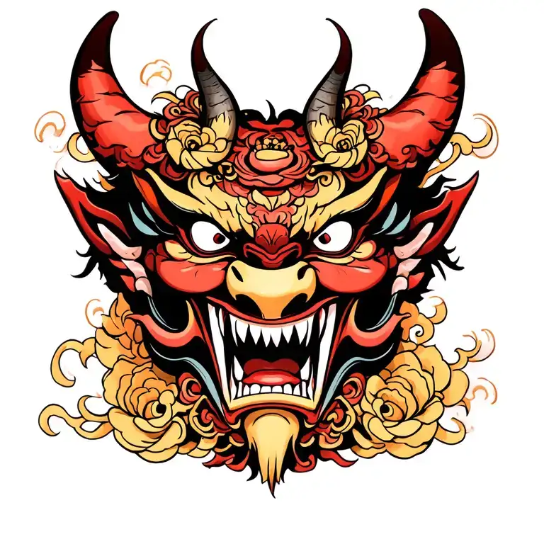 Demon mask they are on a brush with fingers tattoo design idea