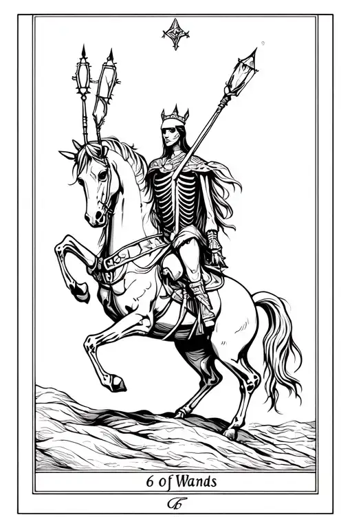6 of Wands inspired, dark skeletal horse, 5 family birth stones as wand, king on horse , fine line, tarot card tattoo design idea