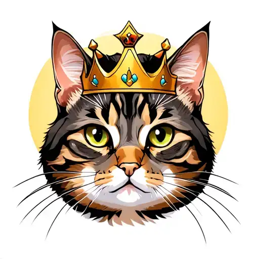 Head portrait of a female tabby cat, wears a crown, has serious face expression, halo behind her head tattoo design idea