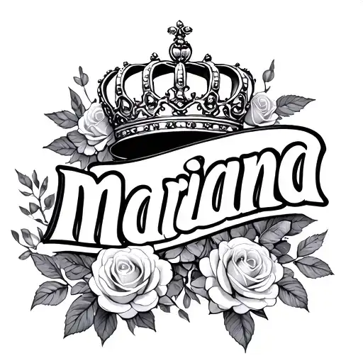 the name mariana with a crown and roses blooming around the name tattoo design idea
