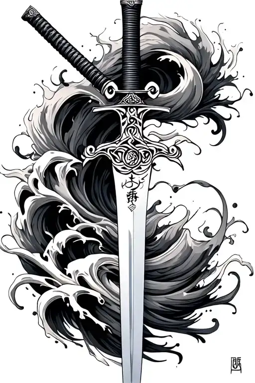 "Katana Blade" A sleek and elegant composition featuring a katana blade adorned with intricate anime-inspired engravings and symbols, set against a background of swirling black and grey waves tattoo design idea
