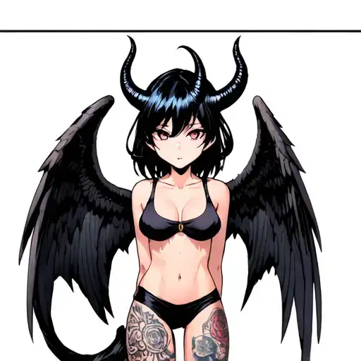 A demon girl with black short or medium-length hair styled in a tail. She has horns and wings, standing with a neutral e tattoo design idea