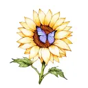 Stem of a sunflower with a watercolor blue violet butterfly on the top tattoo design idea