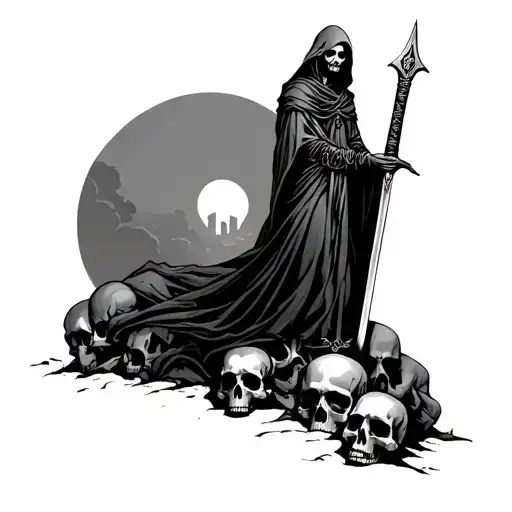 necromancer with sword standing on skulls  tattoo design idea