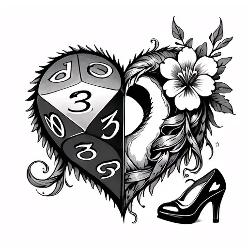 2 halfs of a heart with 1 being made from a d20 dnd dice and gragon head and the other a dancer shoe + rapunzel flower tattoo design idea