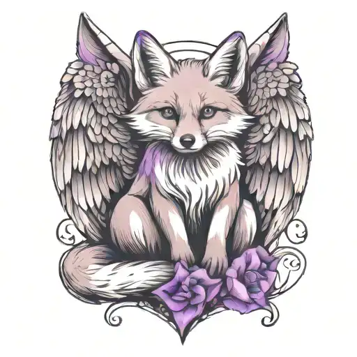 small fox sitting  with angel wings wrapped evenly with purple butterfly tattoo design idea