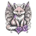 small fox sitting  with angel wings wrapped evenly with purple butterfly tattoo design idea