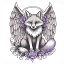 small fox sitting  with angel wings wrapped evenly with purple butterfly tattoo design idea
