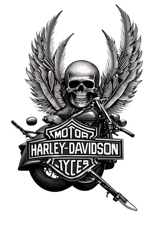 Harley Davidson emblem and motorcycle and feathers tattoo design idea