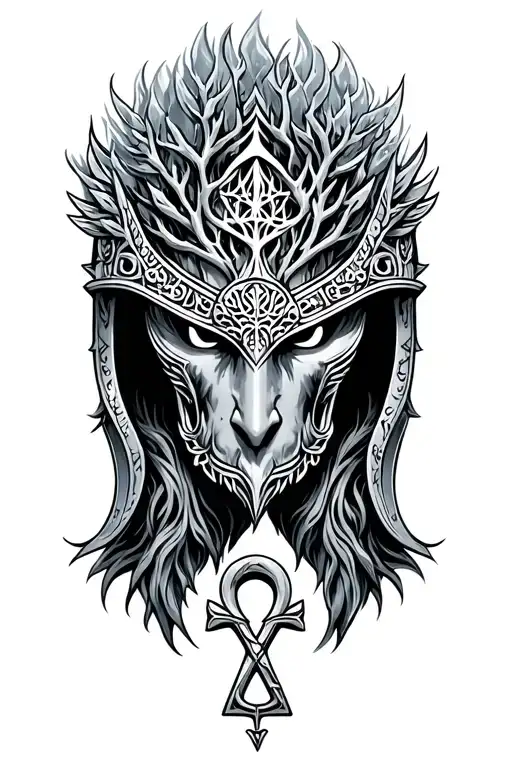 frozen odin helmet with the tree of life and ankh tattoo design idea
