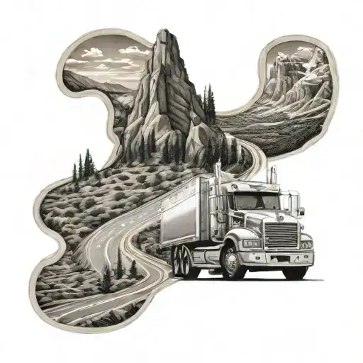 A detailed truck driver navigating through a winding road with mountains in the background tattoo design idea