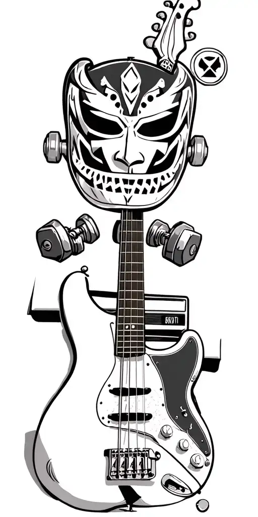Adelaide Oval, luchador masks, dumbbells, record player, a fender precision bass guitar tattoo design idea