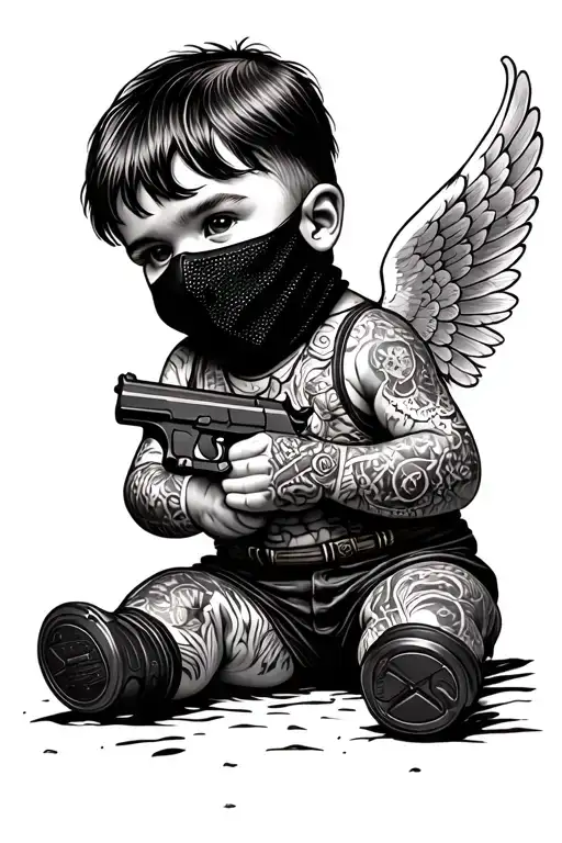 ski mask baby angels with tats holding guns tattoo design idea