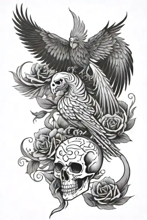 phoenix with rose ded and skeleton skull tattoo design idea