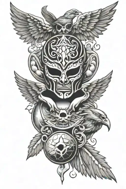 a Luchador mask, bird wings, an 8 ball, an alien, and man in robes with the head of the sun tattoo design idea
