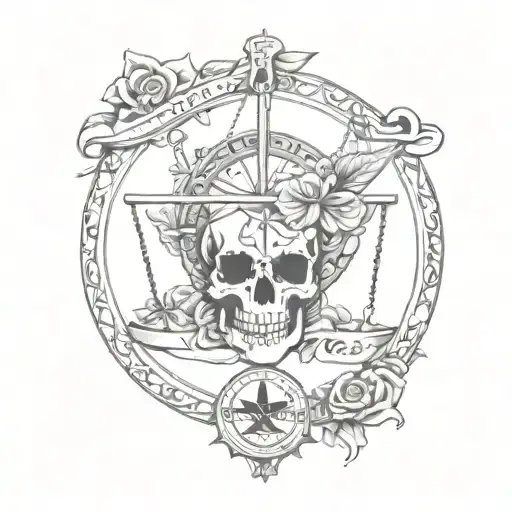 A Boho-inspired tattoo design featuring the Grateful Dead band logo intertwined with justice scales, with the quote 'heads all empty and I don’t care' tattoo design idea