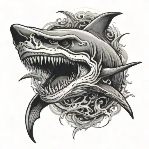 western bull skull fighting shark emerging tattoo design idea