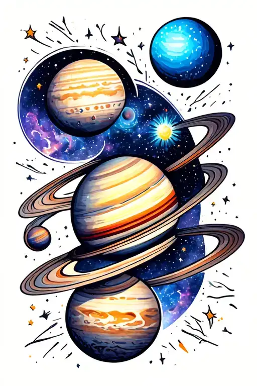 galaxy filled with planets tattoo design idea