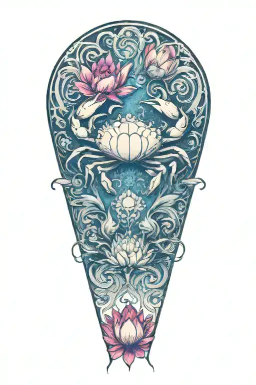 crab and lotus flower blooming tattoo design idea