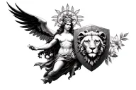 goddess athena flying/hover christ like pose with medusa a shield , with lioness face and lotus flowers  tattoo design idea