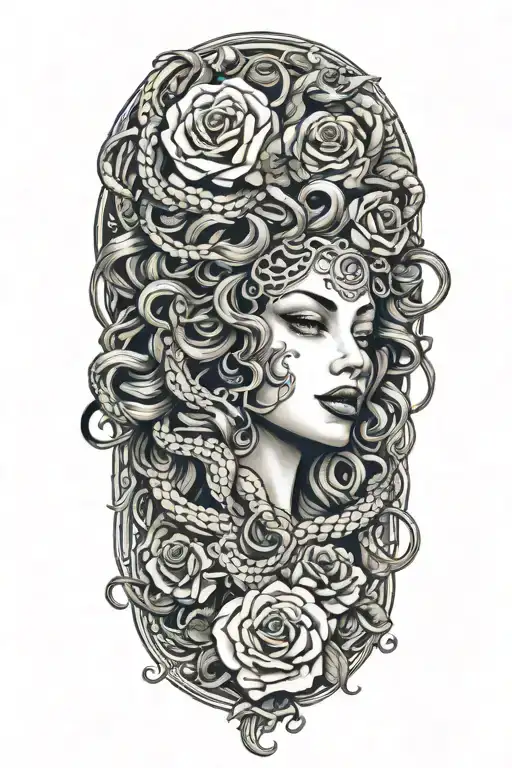 Medusa with snakes for hair and roses surrounding  tattoo design idea
