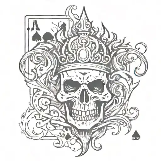 ace of spades card with some edges on fire with a skull wearing a crown with withered hair as the middle spade tattoo design idea