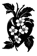 Create a tattoo that is a thick lined fancier shaped heart that has 3 bloomed forget me nots with a few leaves on the bo tattoo design idea