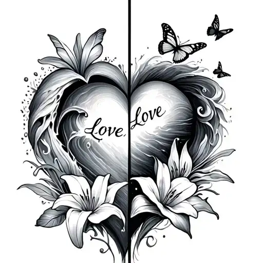 a heart with one side like a ocean wave and the other with the words love all with butterflies and lillies tattoo design idea