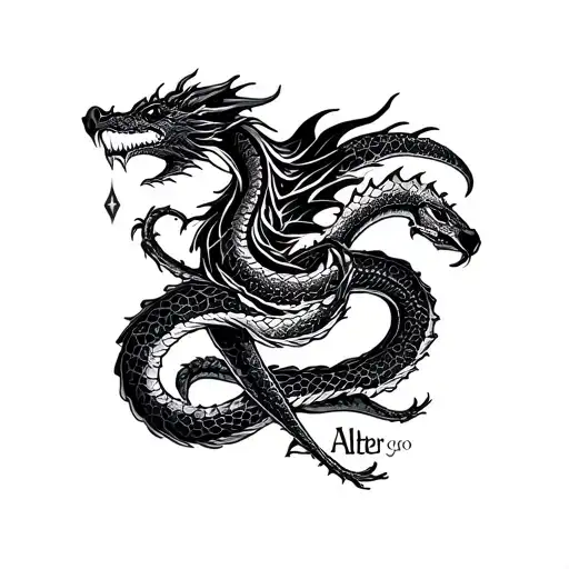 Tattoo on the forearm, in black with a minimum of details - a dragon/snake/pattern and the inscription Alter Ego in the style of minimalism, Trail, tattoo design idea