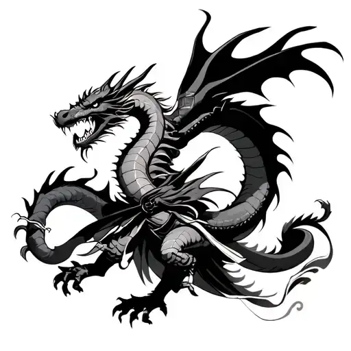 samurai fighting dragon flying tattoo design idea
