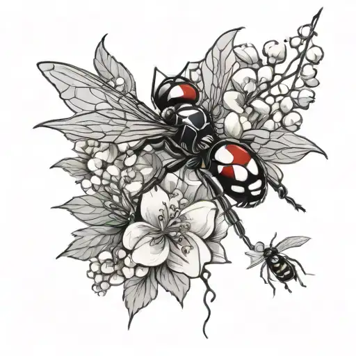 Realistic black and white tattoo. Black widow on web with Lilly of the valley and hawthorn flowers. Sneak in hearts to t tattoo design idea