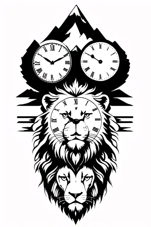 lion and three clocks and mountains tattoo design idea