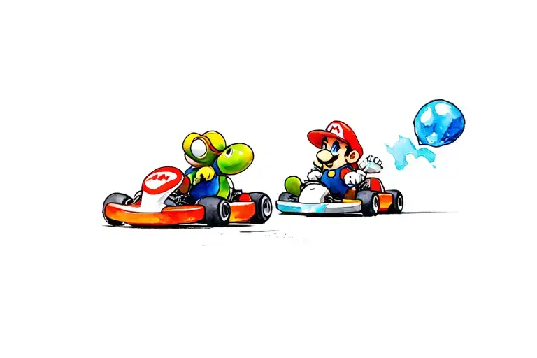 Mario Kart Double Dash with Toad and Toadette.  Toad Driving and Toadette throwing a blue shell.  tattoo design idea