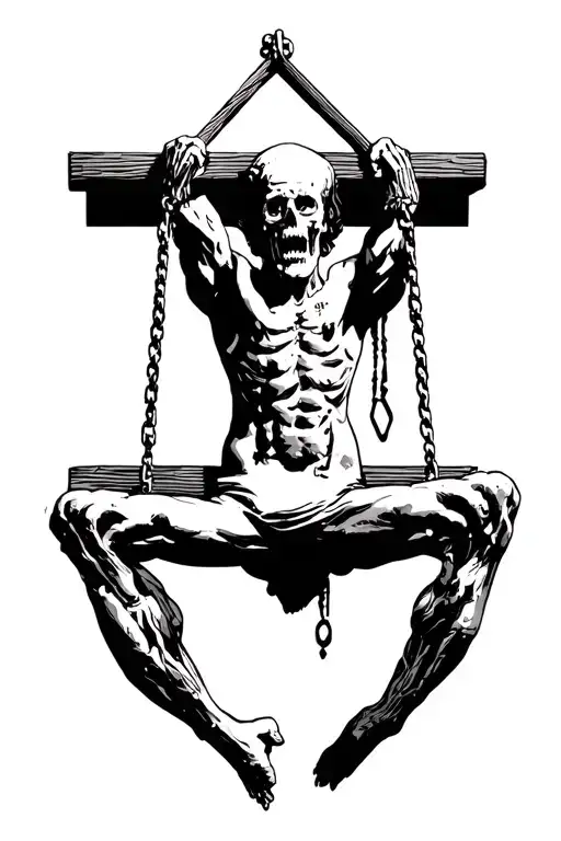 gallows with hanging man holding tattoo design idea
