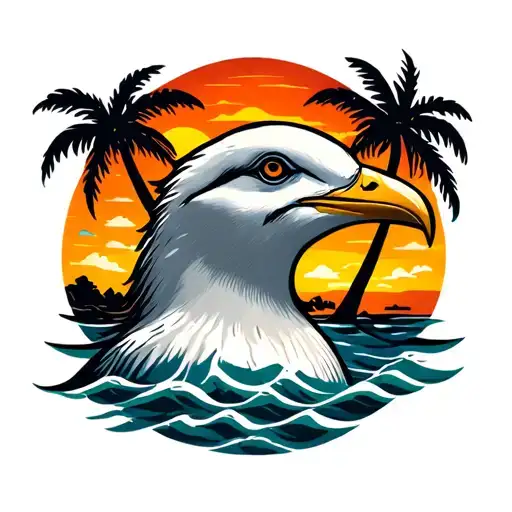 loud seagull head with palm trees colors sunset tattoo design idea