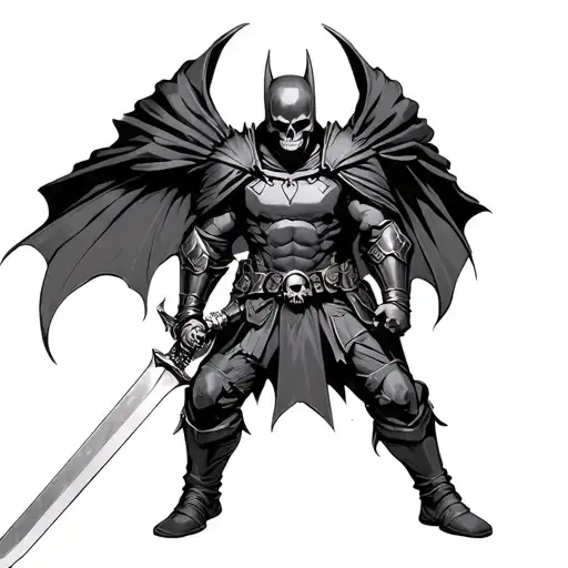 dark knight with closed helmet, agura armor, sword in hand and skull-shaped shoulder pad tattoo design idea