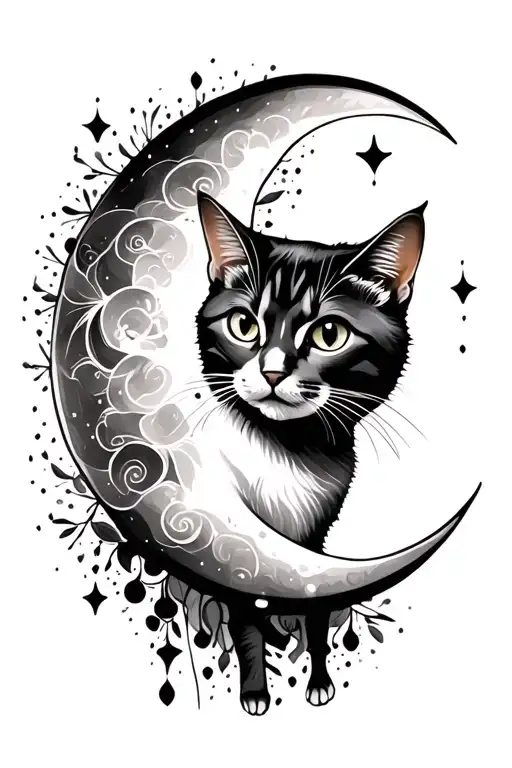 crescent moon with cat tattoo design idea