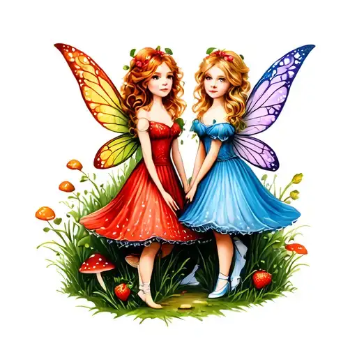 two fairies (red dress with strawberry blond hair, blue dress with blond) in a woodland scene with toadstools tattoo design idea
